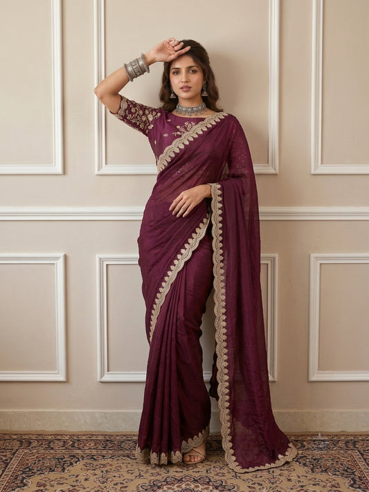 Burgundy Tissue saree – detail view 1