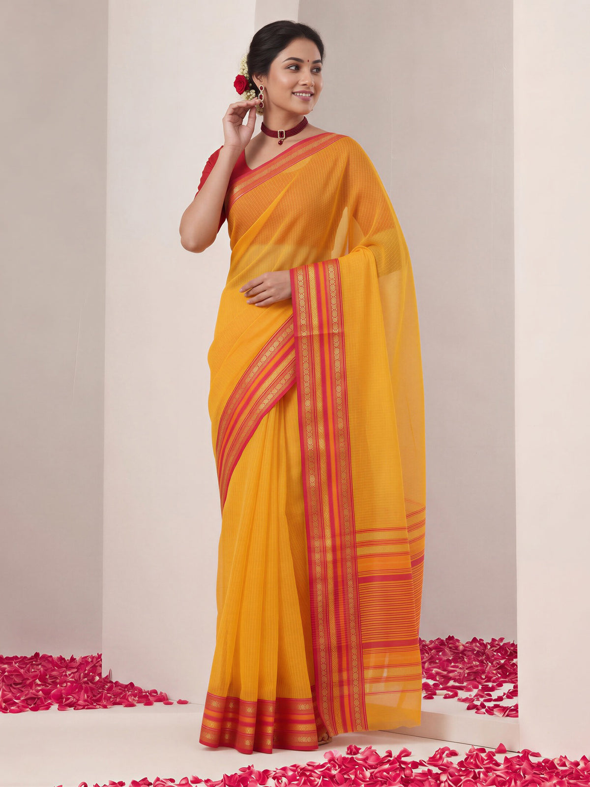 Mustard solid kota doria cotton saree with pink blouse piece