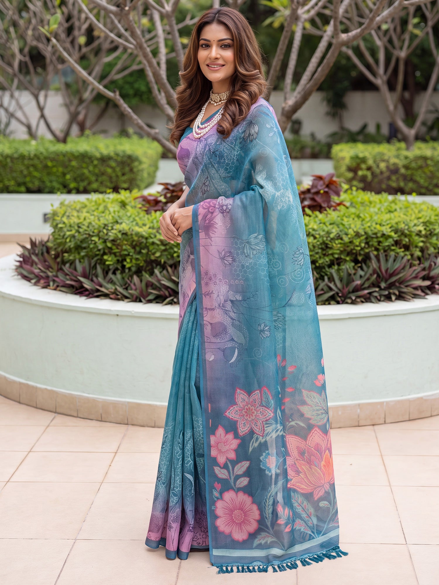 Teal Blue Cotton Silk saree – detail view 2