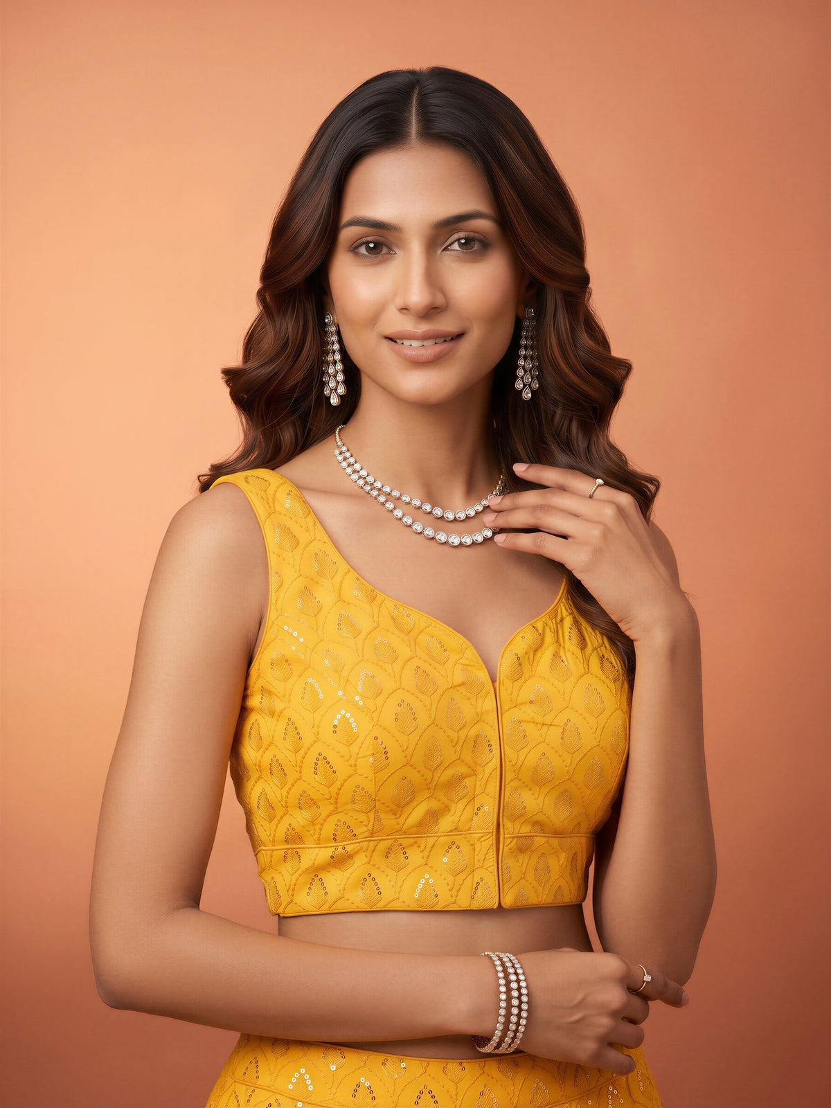 Mustard sequin embroidered georgette sleeveless readymade saree blouse with sweetheart neck view 3