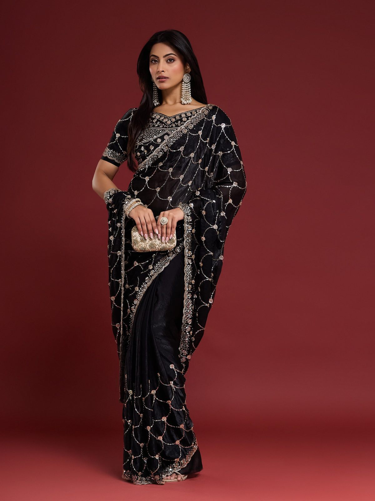 Black Satin saree – detail view 3