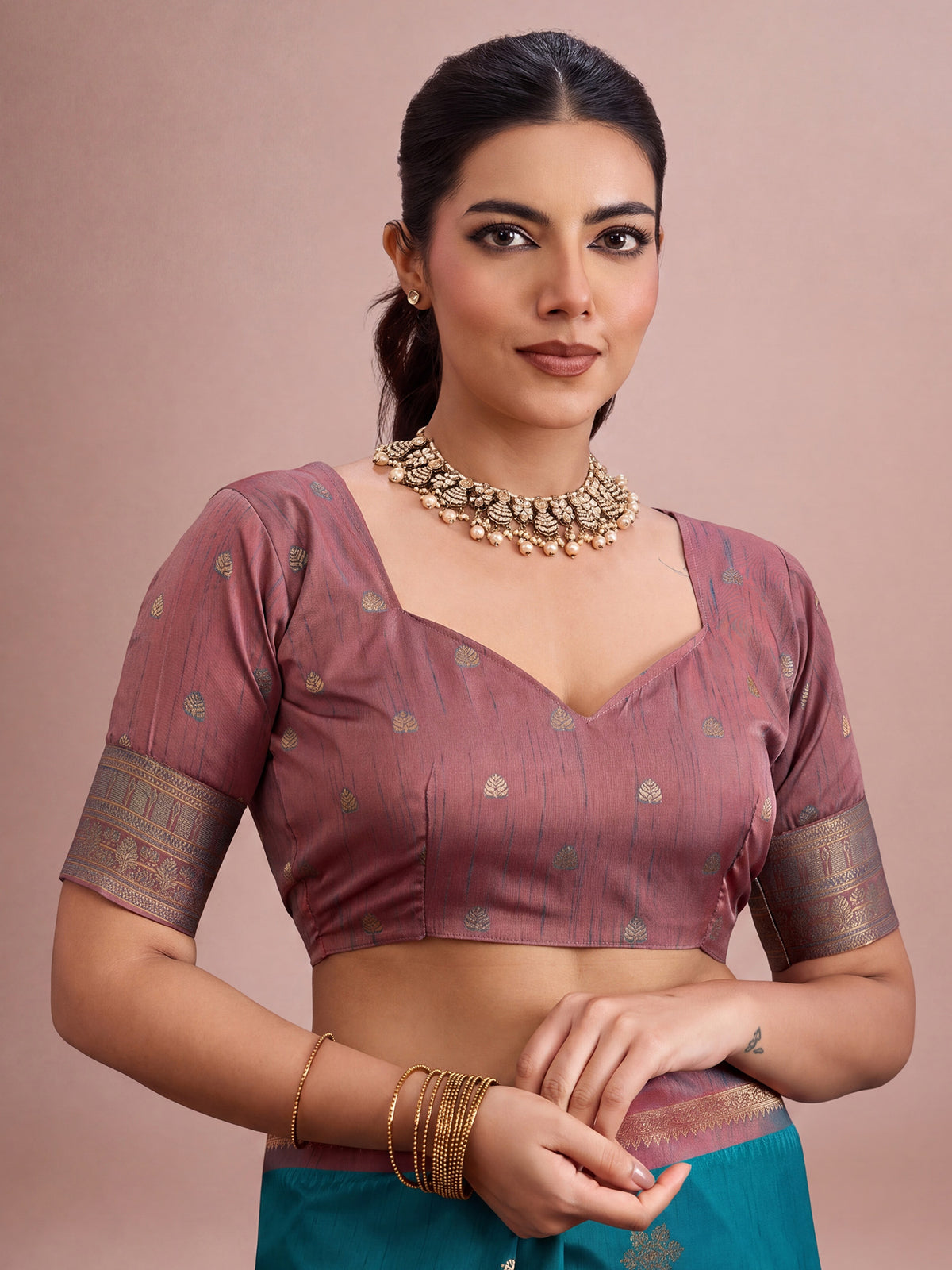 Unstitched mauve tussar silk blouse piece with ethnic motif design