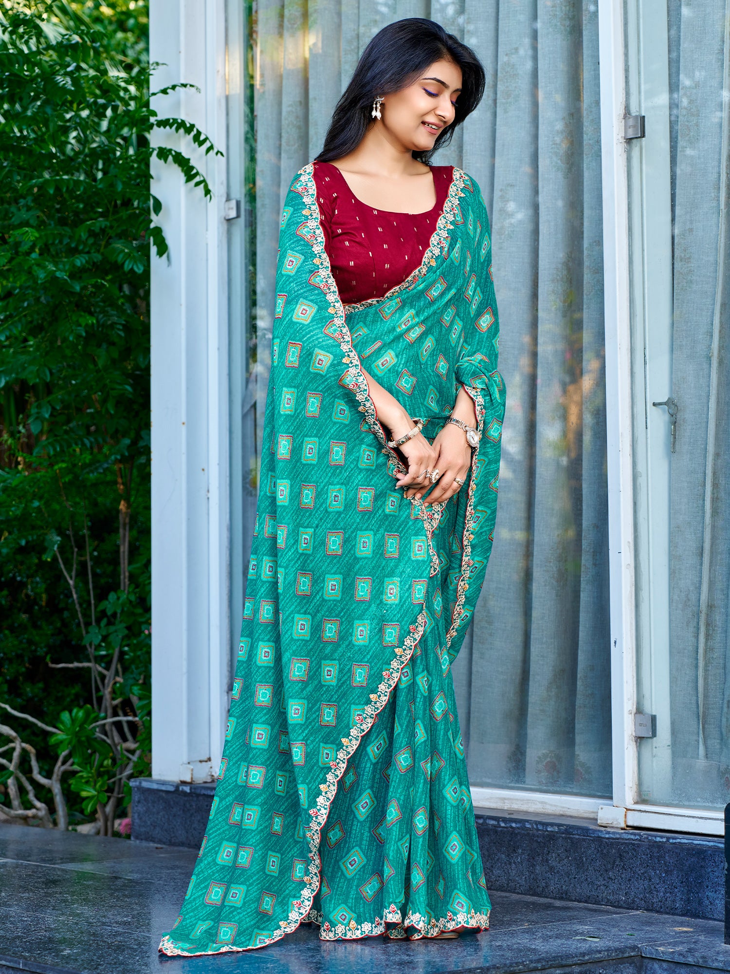 Teal Blue Georgette saree – detail view 1