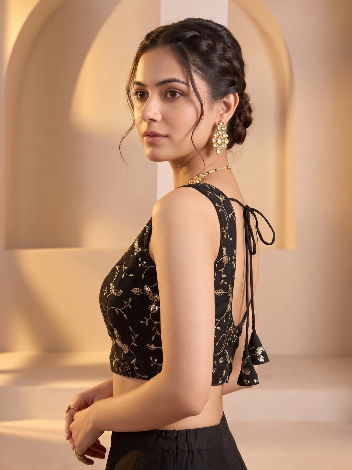 Black sequin embroidered vichitra silk sleeveless readymade saree blouse with v neck view 1