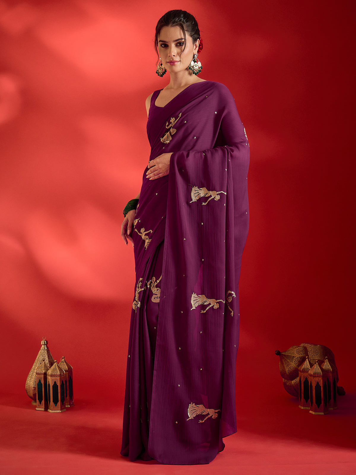 Wine Satin saree – detail view 2