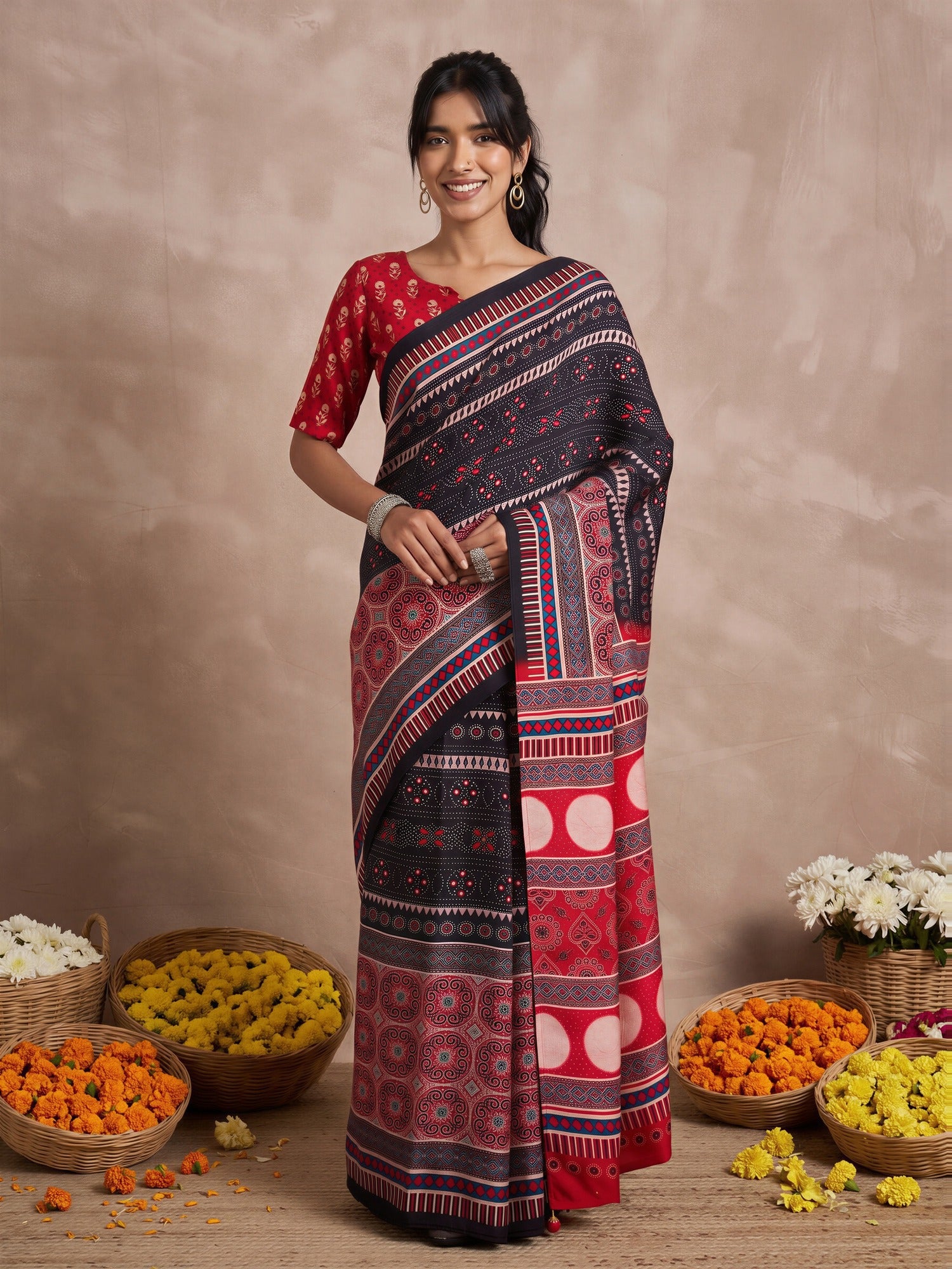 Woman wearing black viscose silk saree with ajrak block-print motif work and red blouse