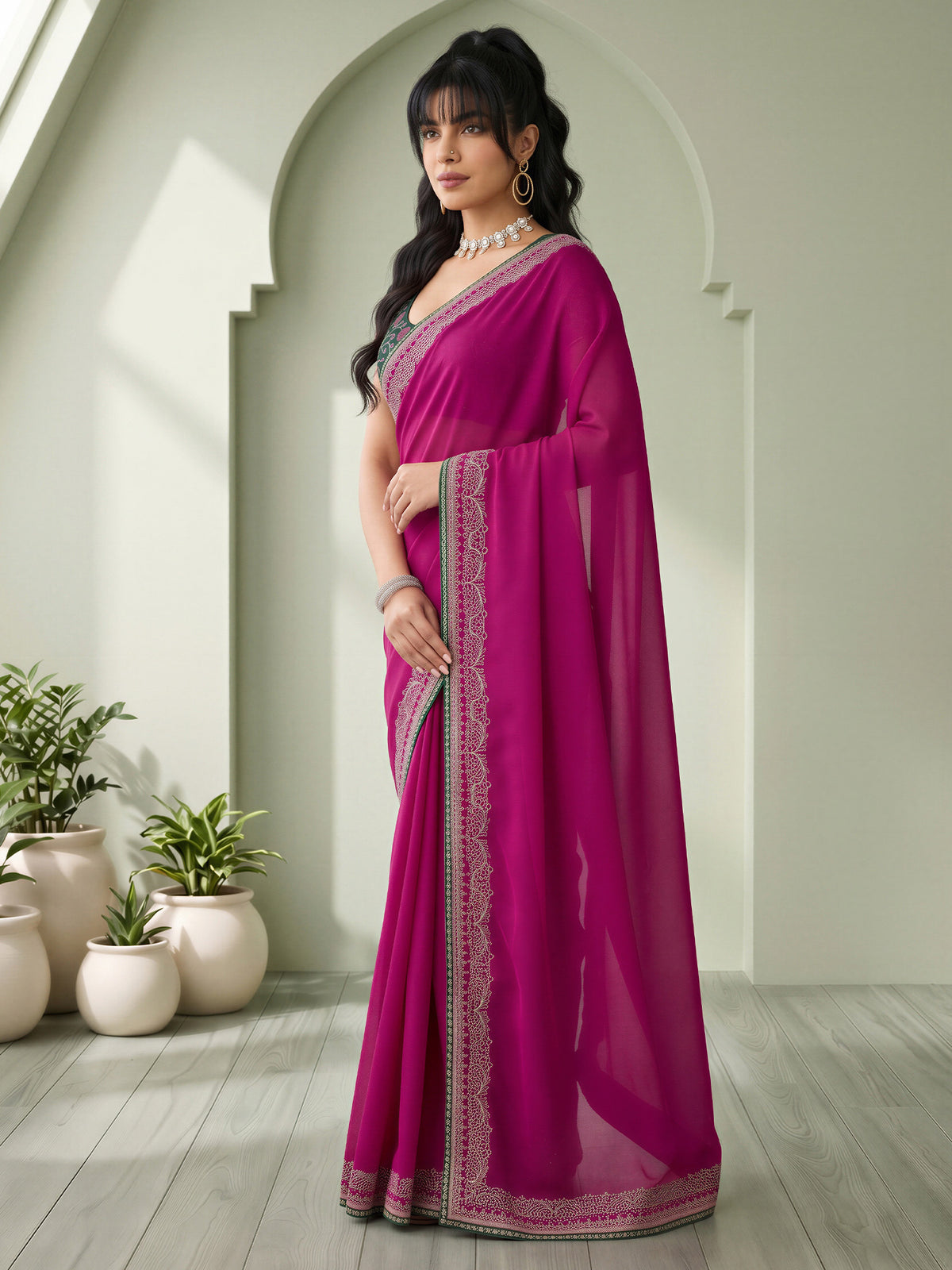 Magenta Vichitra Silk saree – detail view 2