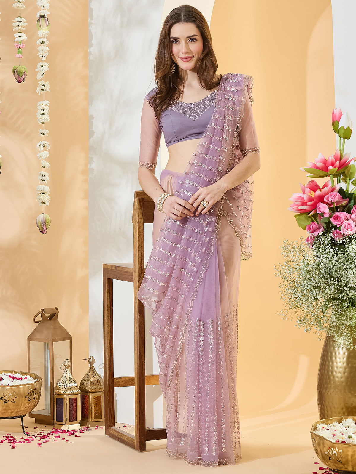 Lavender Net saree – detail view 3