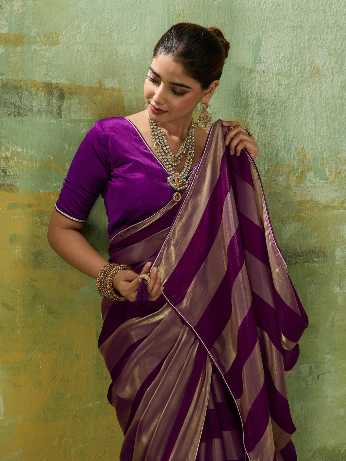 Violet Satin Silk saree – detail view 5