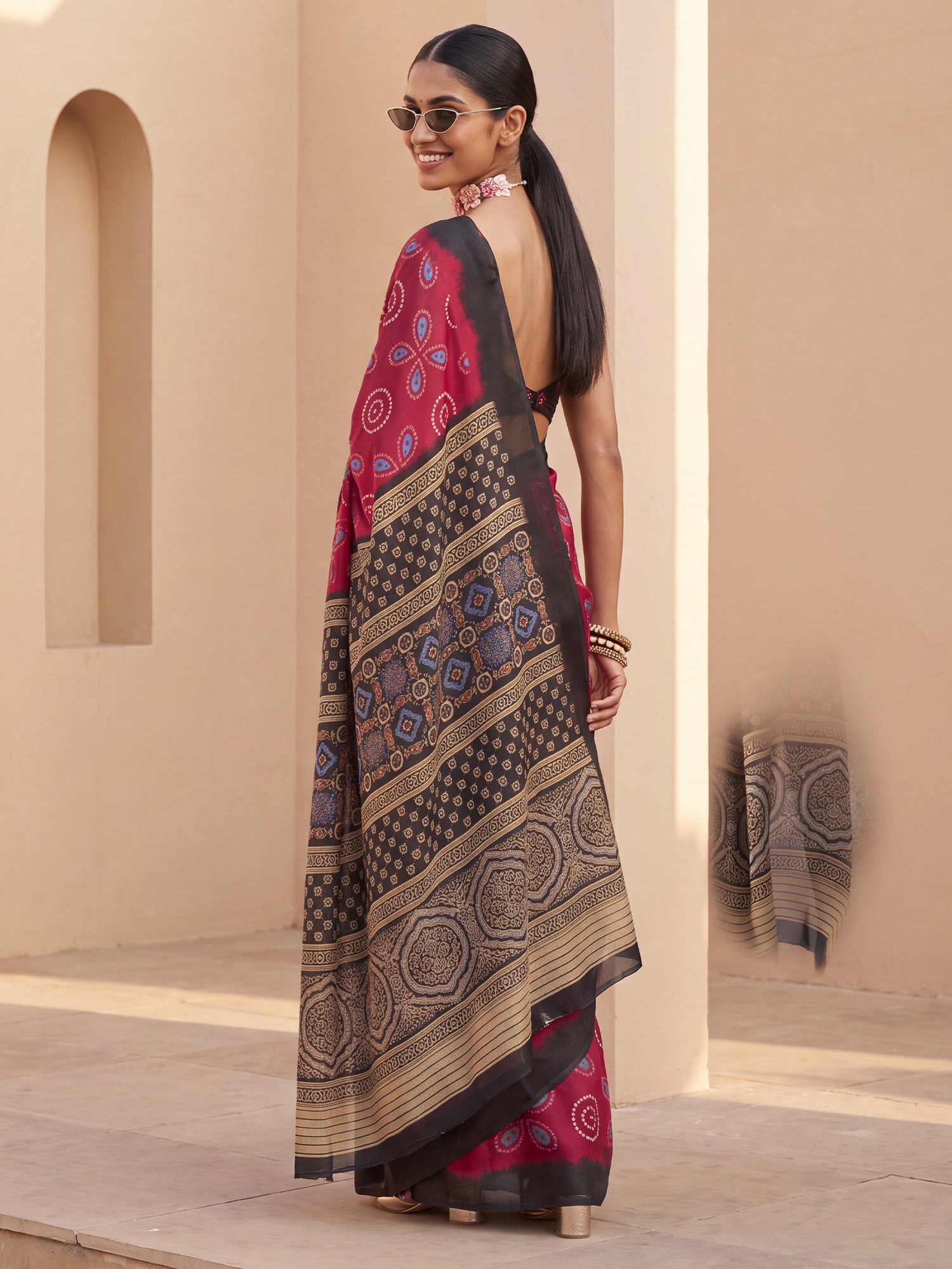 Maroon Satin saree – detail view 1