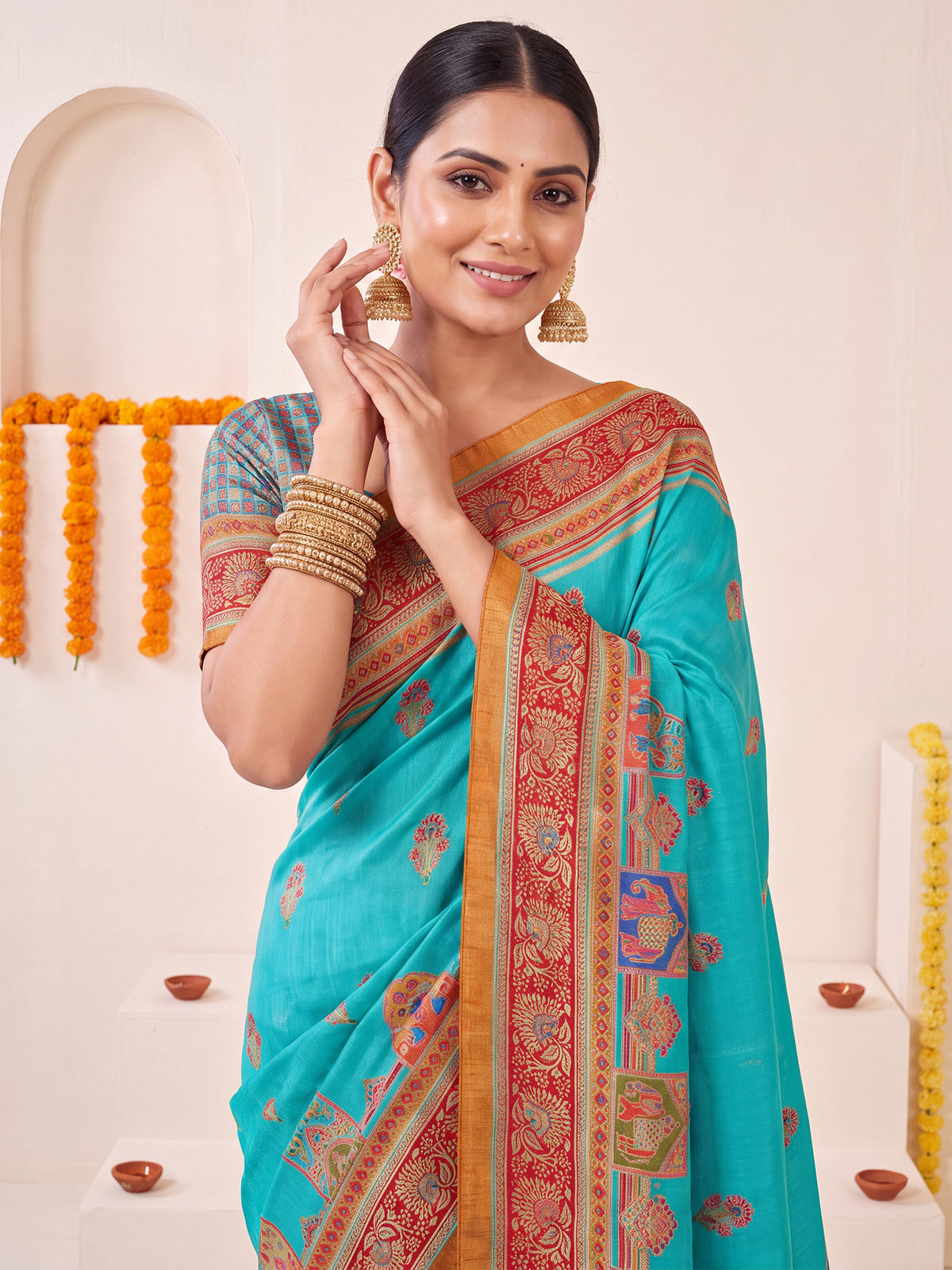 Turquoise Blue Silk Blend saree – detail view 4