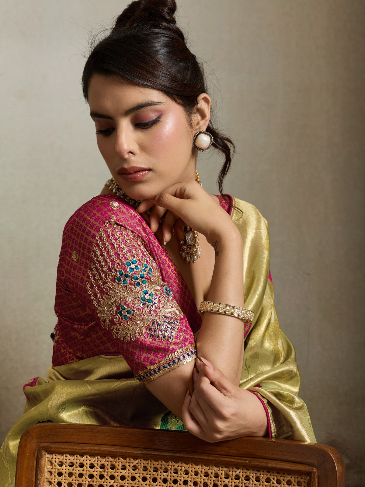 Yellow banarasi silk saree view 1