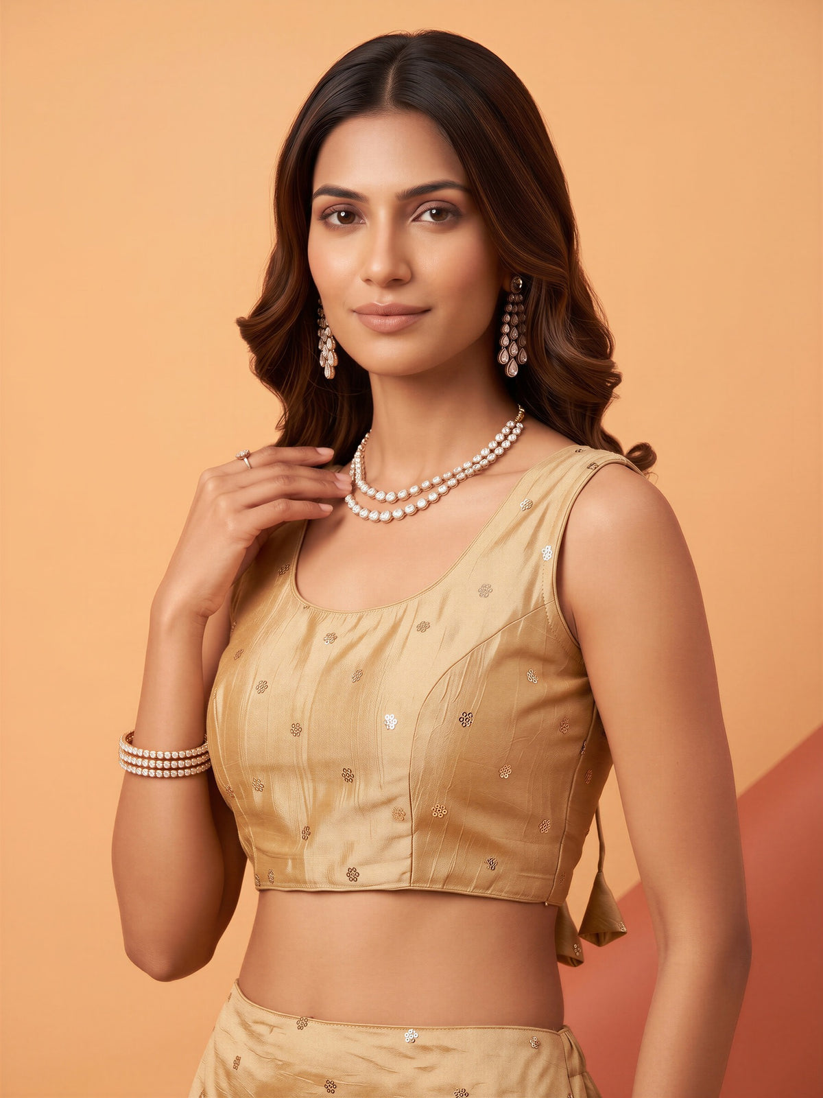 Cream sequin embellished chinnon sleeveless readymade saree blouse with round neck view 3