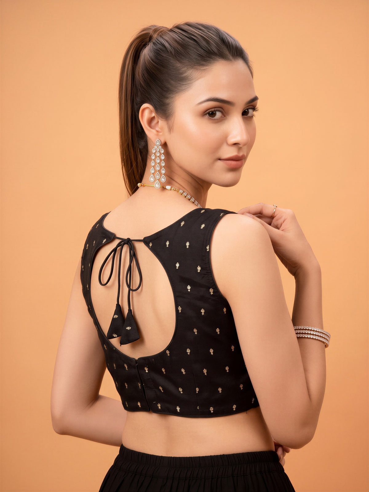 Black sequin embellished silk blend sleeveless readymade saree blouse with round neck view 1