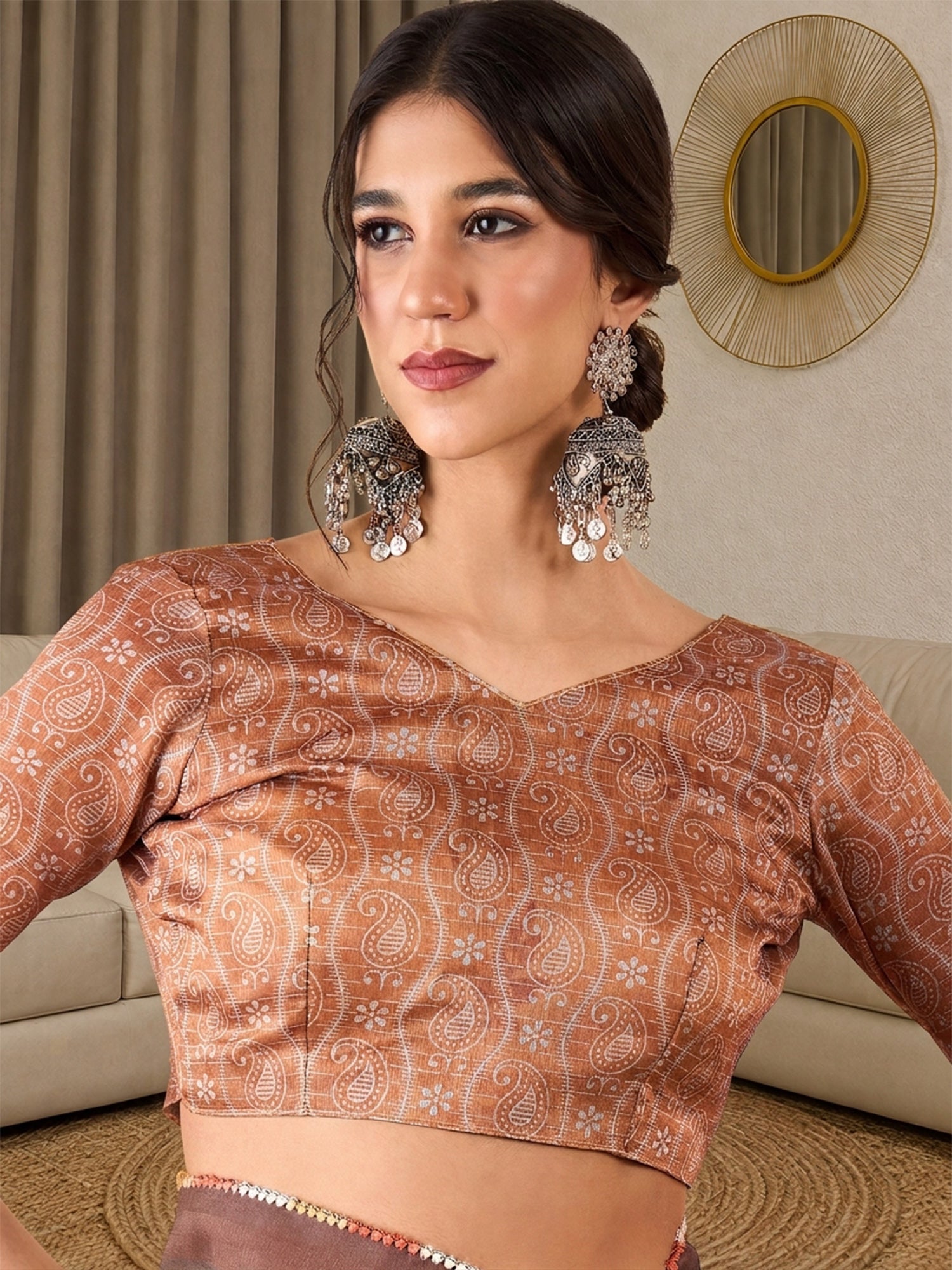 Unstitched rust silk blend blouse piece with ethnic motif design