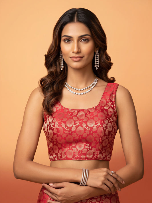 Red woven brocade silk blend sleeveless readymade saree blouse with round neck
