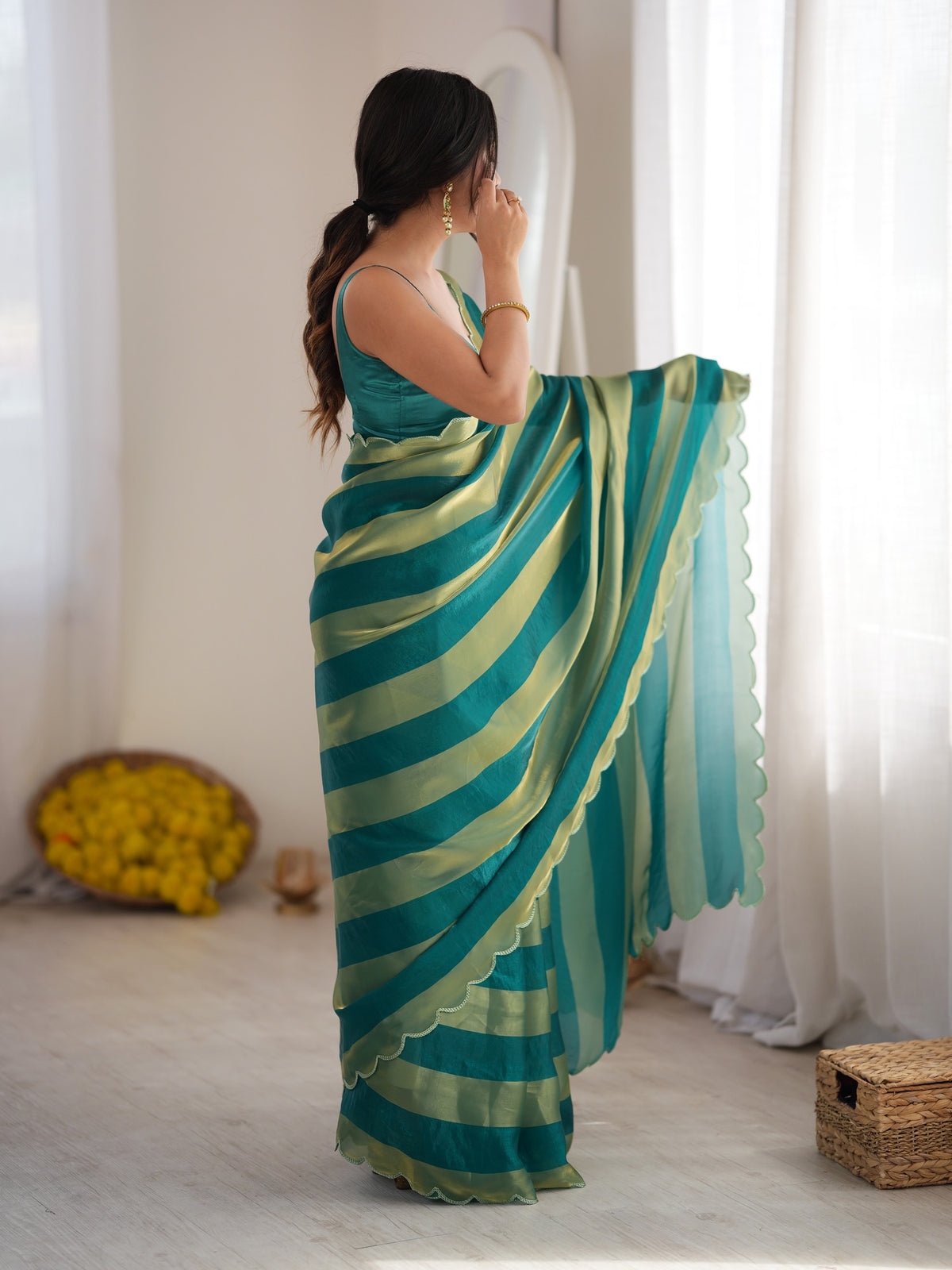 Teal Green Satin saree – detail view 2