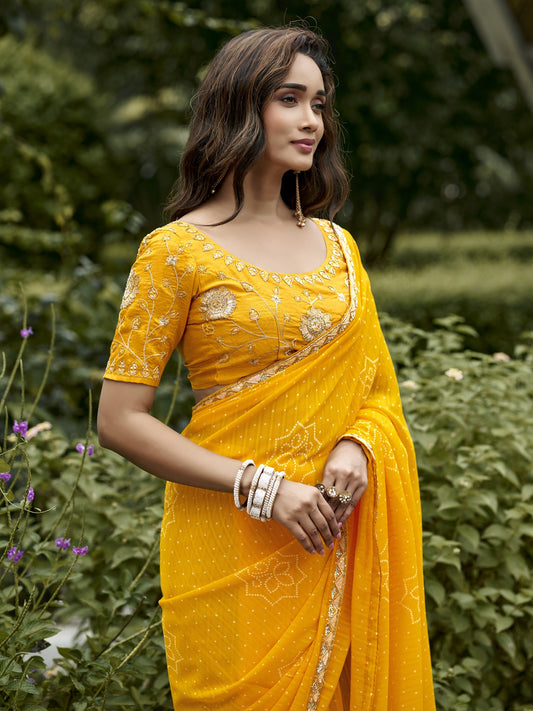 Mustard georgette saree view 1
