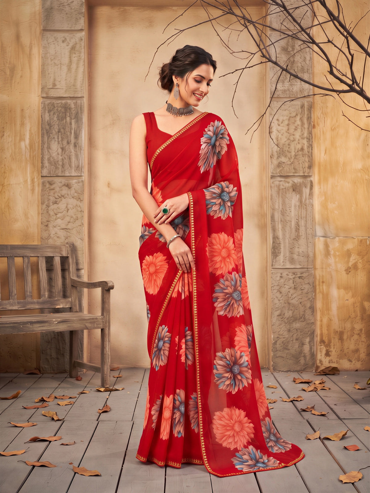 Red Georgette saree – detail view 3
