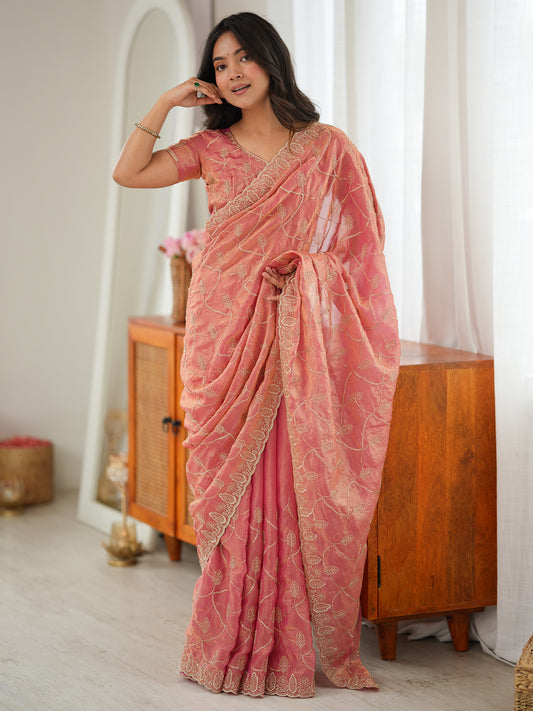 Woman wearing peach tissue saree with ornamented surface design and peach blouse