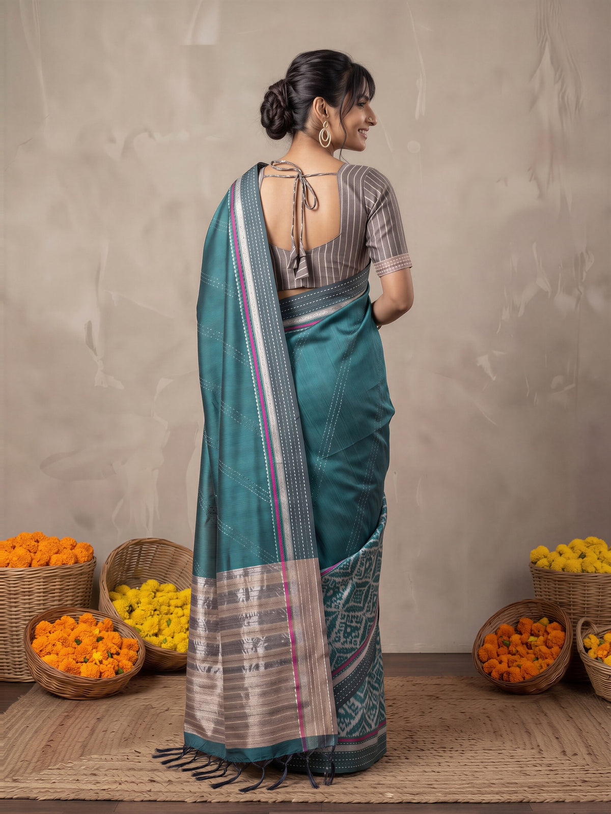 Teal Blue Silk Cotton saree – detail view 1