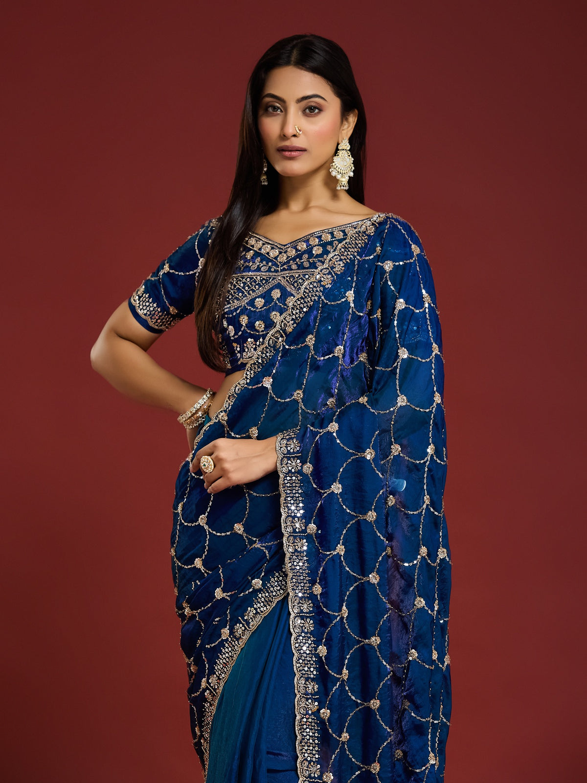 Blue Satin saree – detail view 6