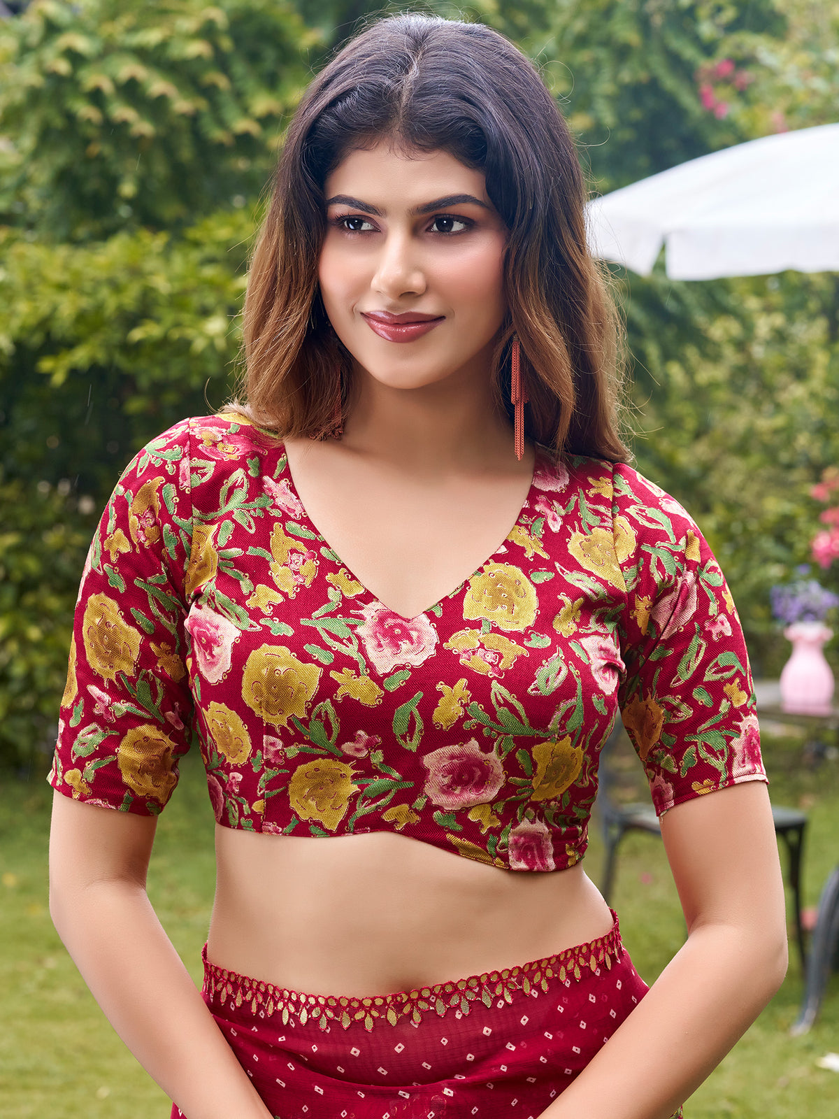 Unstitched multicolored pashmina silk blouse piece with floral design