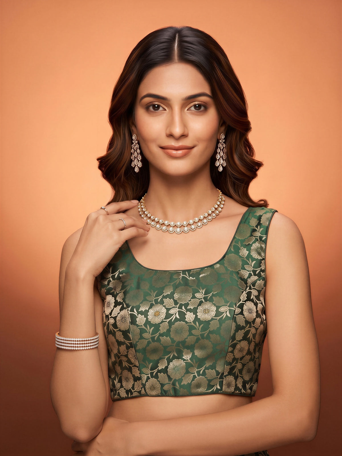 Dark Green woven brocade silk blend sleeveless readymade saree blouse with round neck view 3