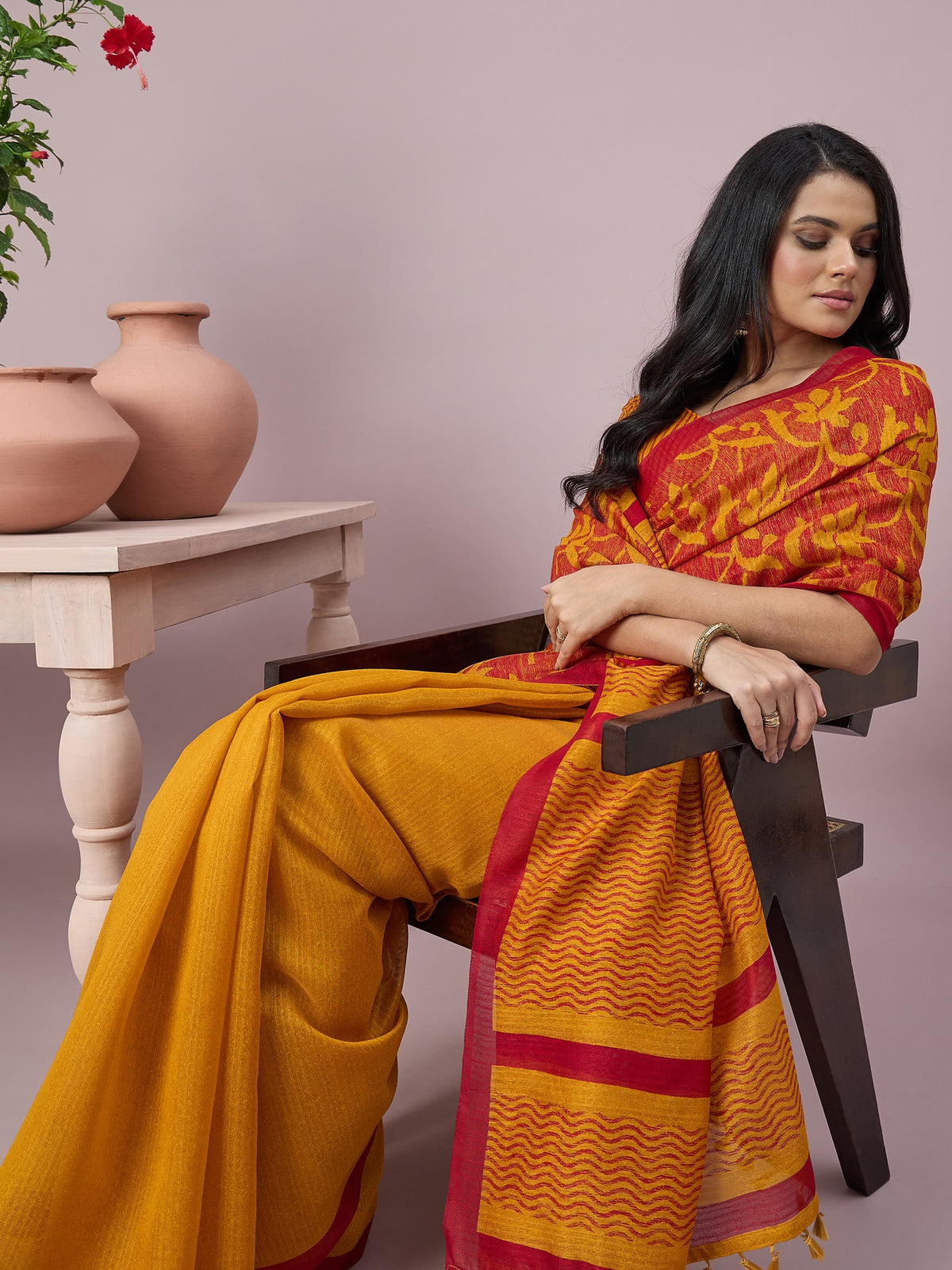 Mustard cotton slub saree view 5