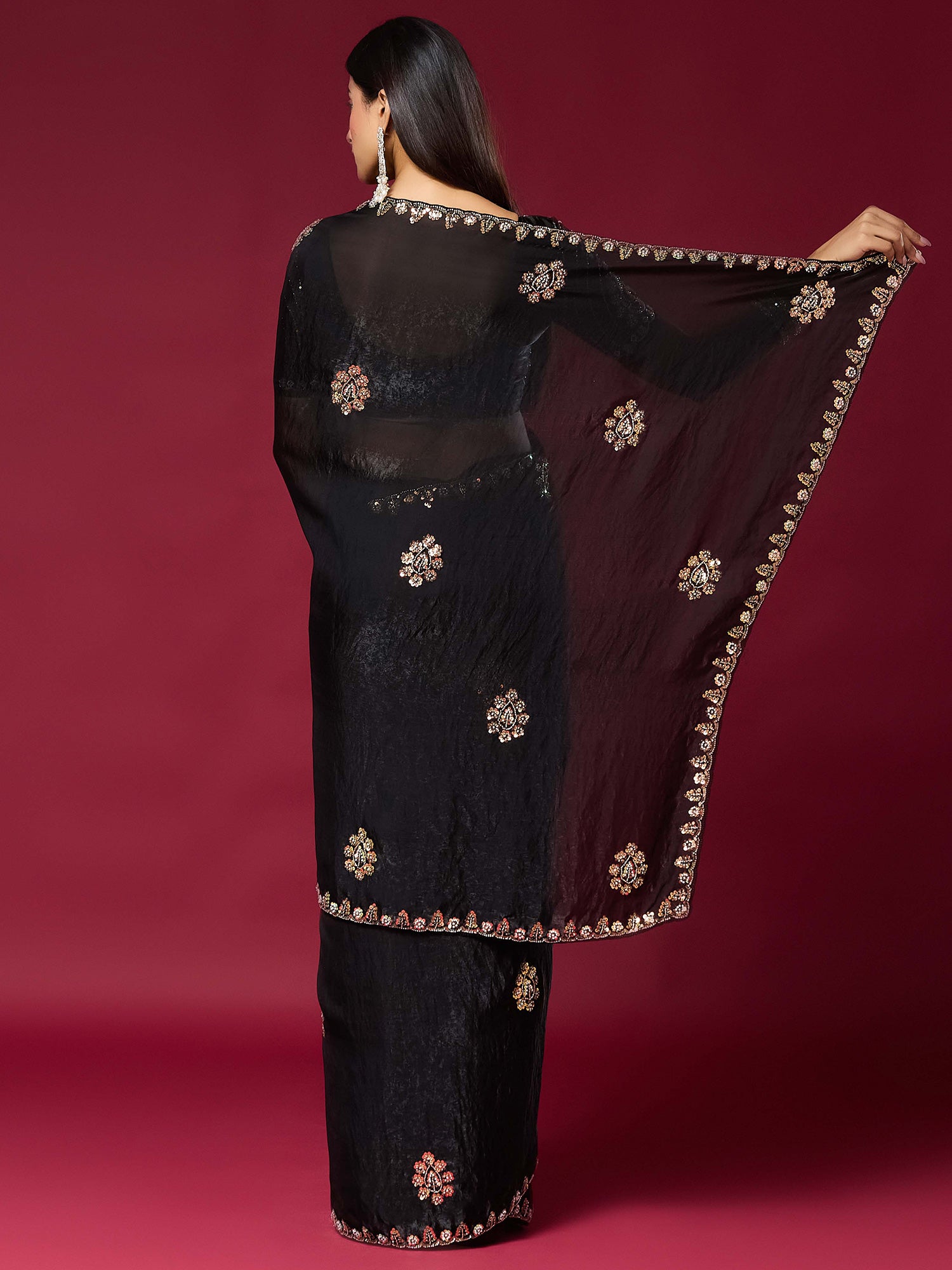 Black Satin Silk saree – detail view 1
