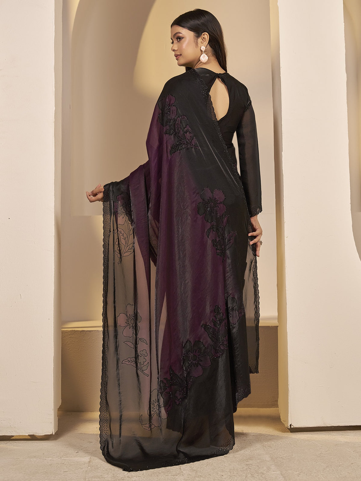 Wine satin silk saree view 2
