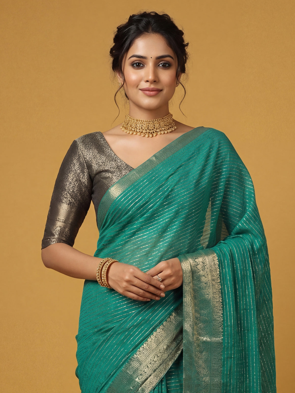 Teal Green Chiffon saree – detail view 4