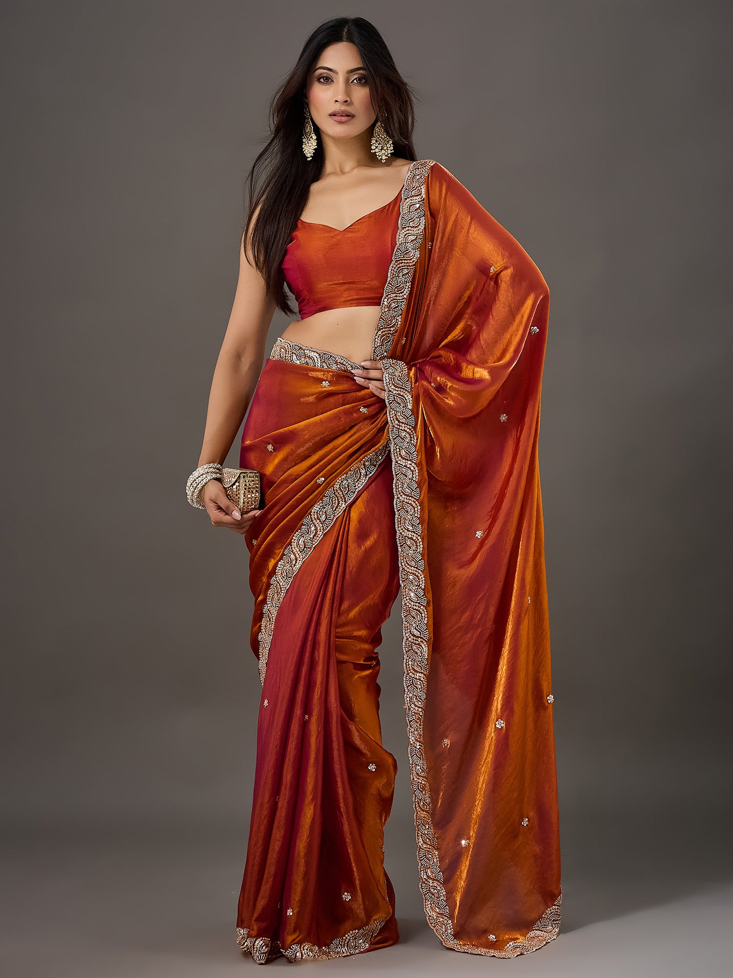 Orange Satin saree – detail view 1