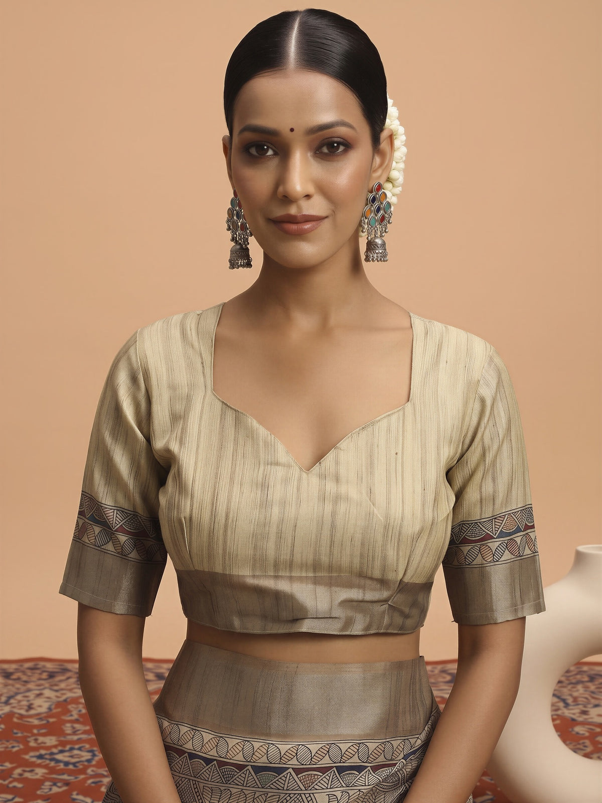 Unstitched cream satin silk blouse piece with solid design