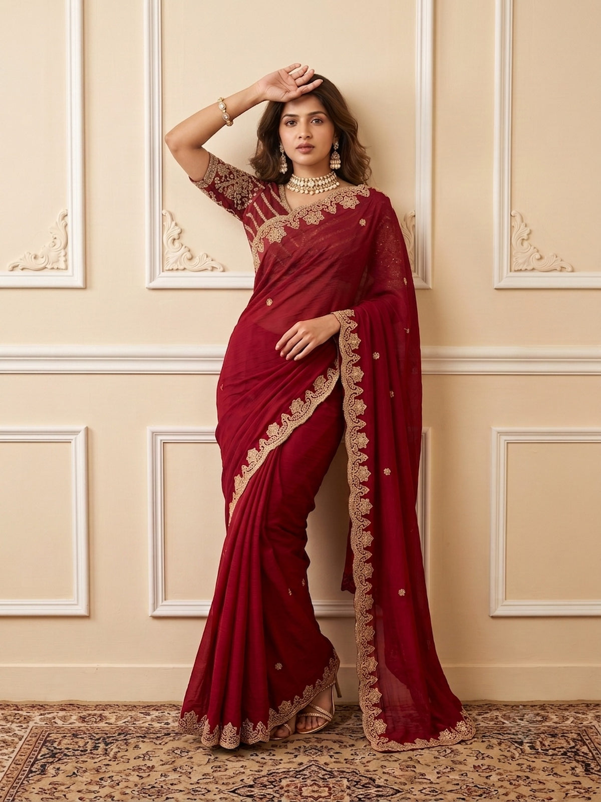 Woman wearing red vichitra silk saree with ornamented surface design and red blouse