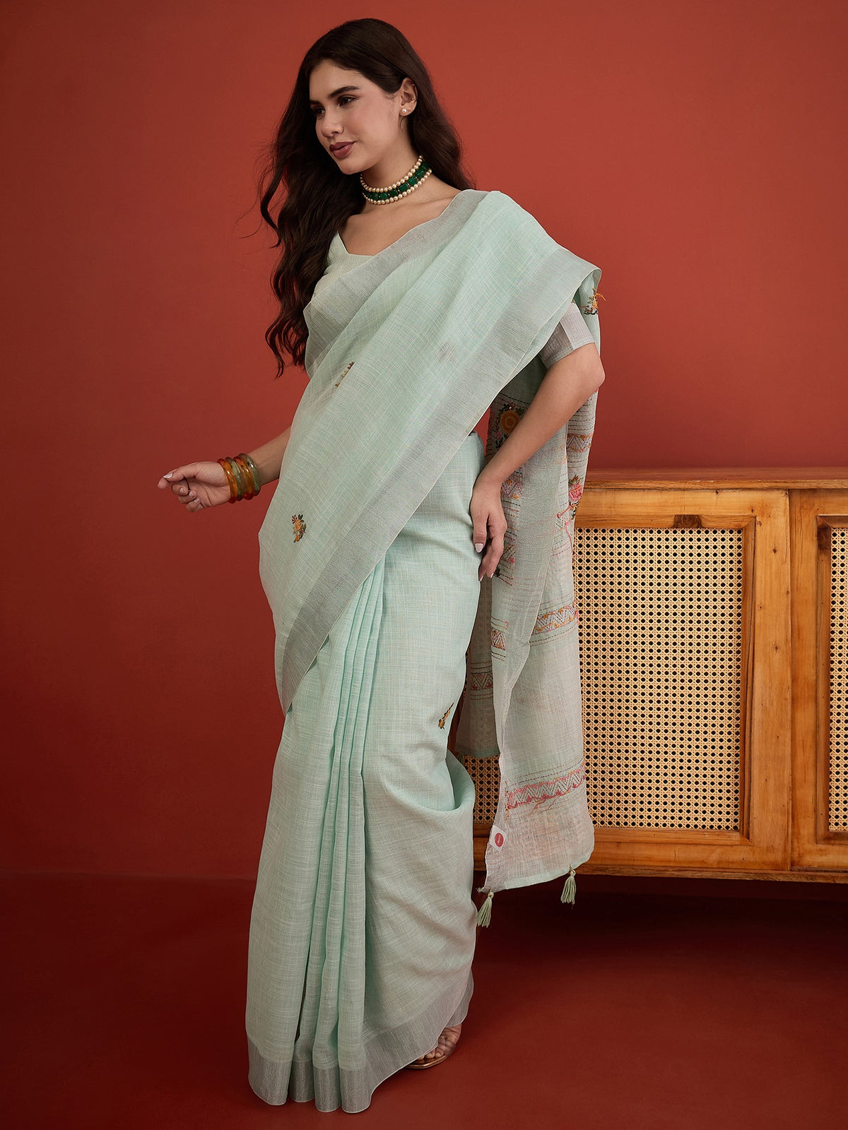 Light Blue linen blend saree view 4