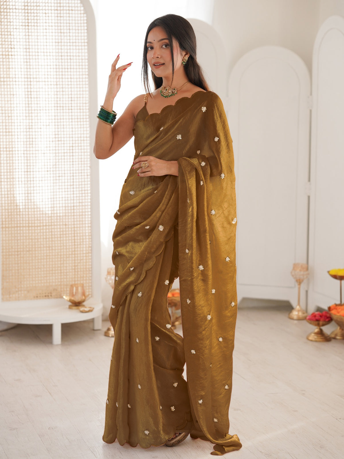 Gold satin saree view 3