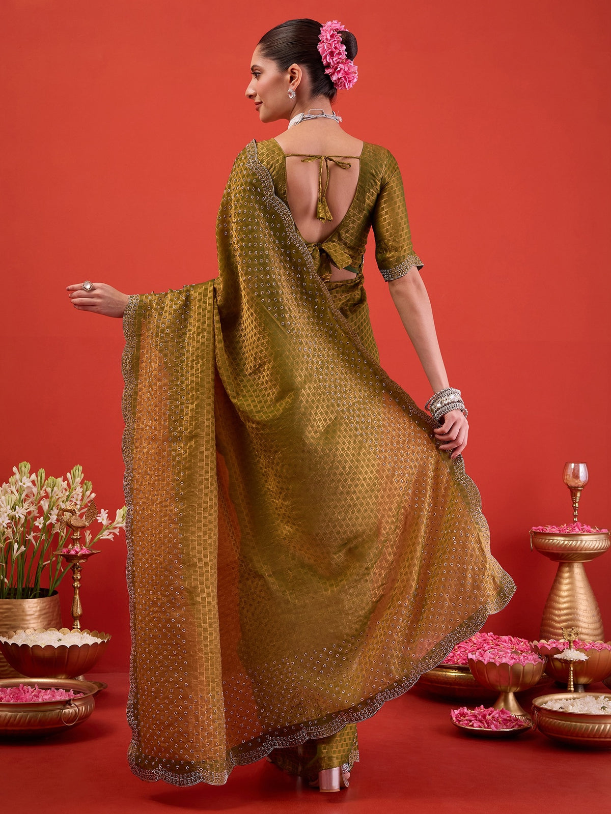 Olive Satin saree – detail view 6