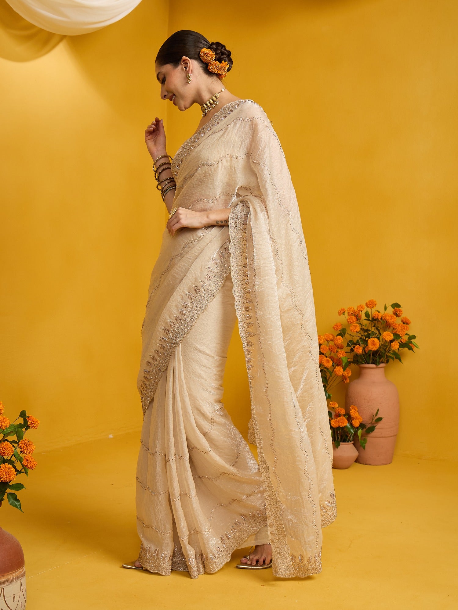 Cream Satin Silk saree – detail view 3