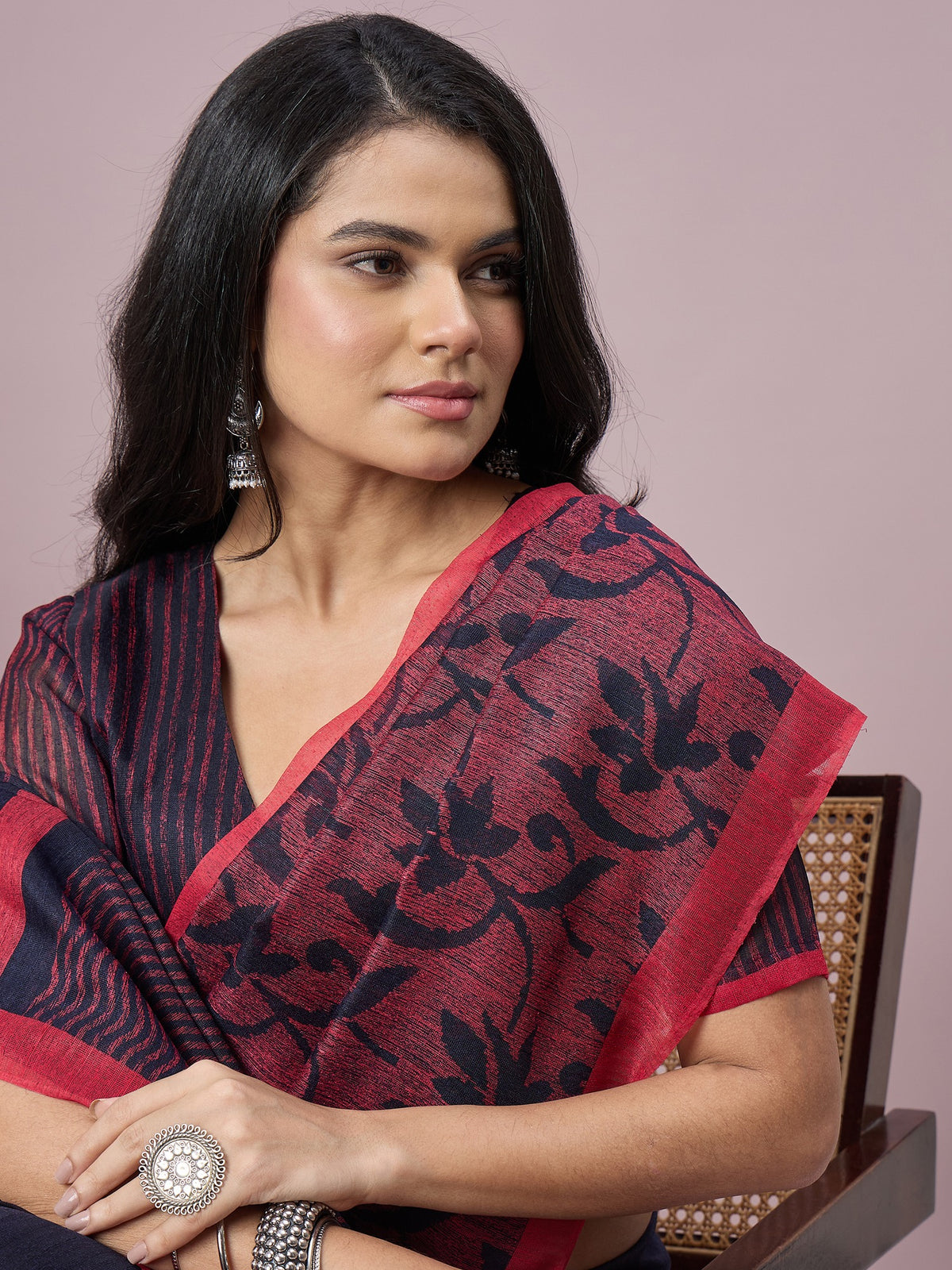 Navy Blue cotton slub saree view 4