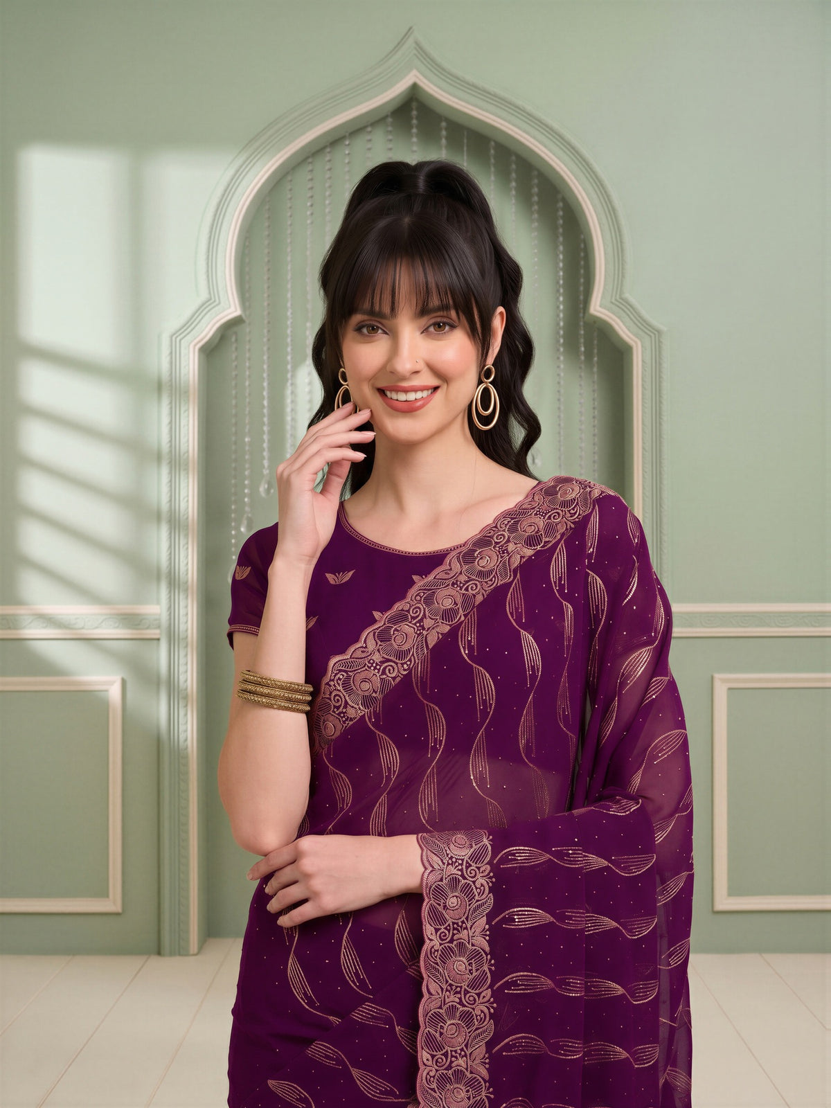 Purple Pure Georgette saree – detail view 4