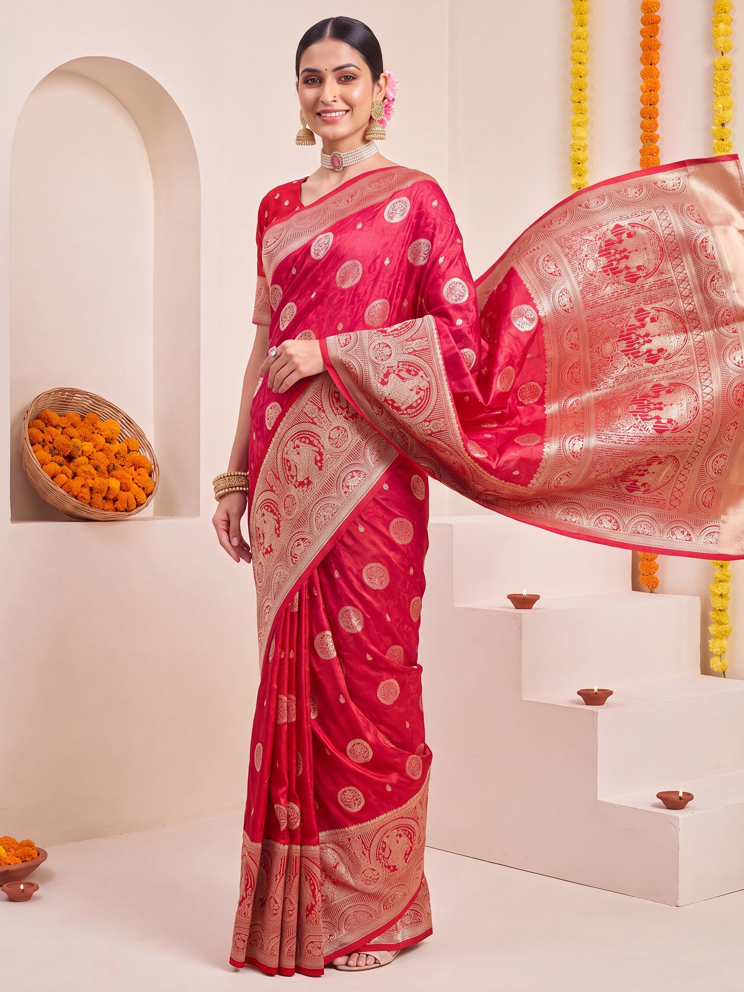 Pink Satin Silk saree – detail view 3