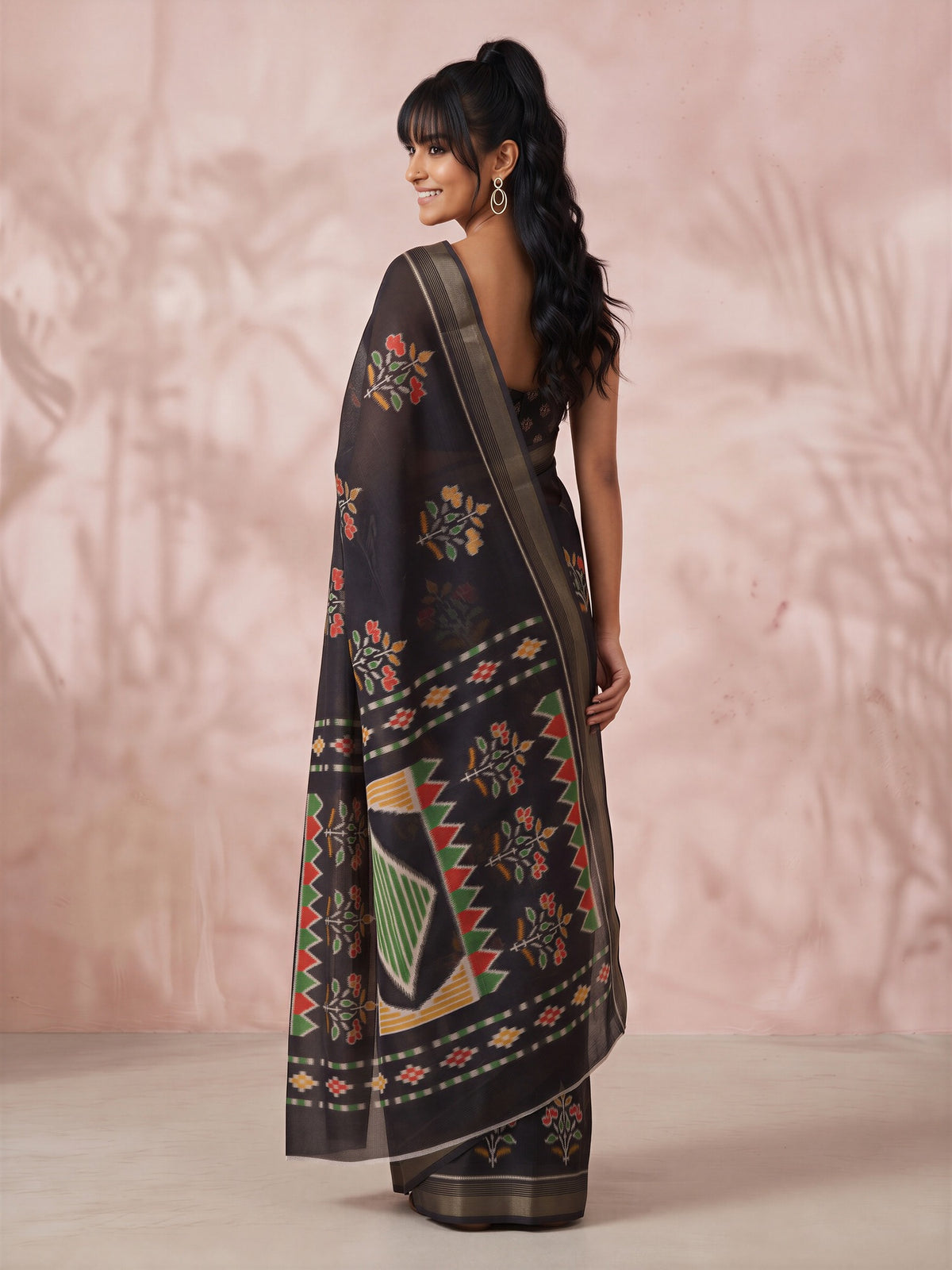 Black Cotton Linen saree – detail view 1