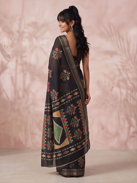 Black Cotton Linen saree – detail view 1