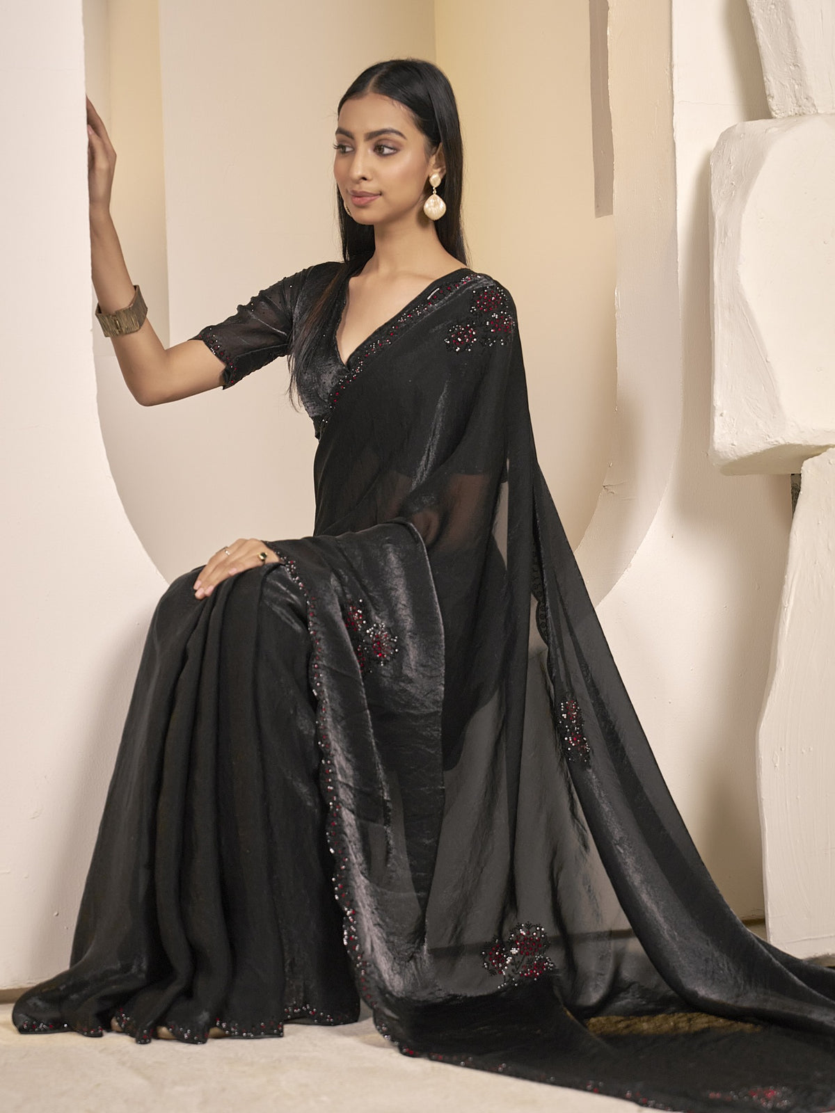 Black satin silk saree view 3