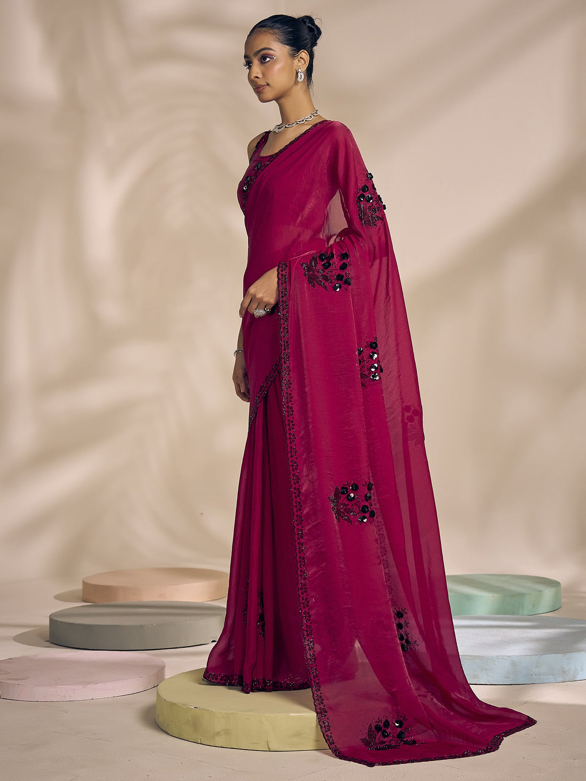 Magenta satin silk saree view 1