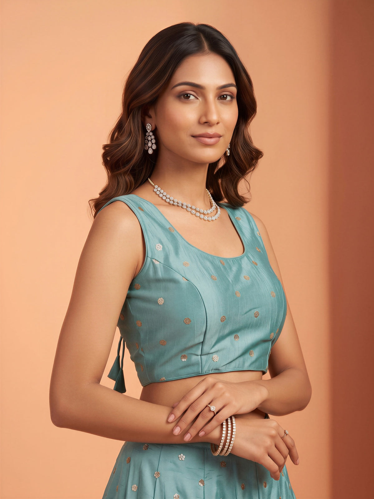 Light Blue sequin embellished chinnon sleeveless readymade saree blouse with round neck view 2