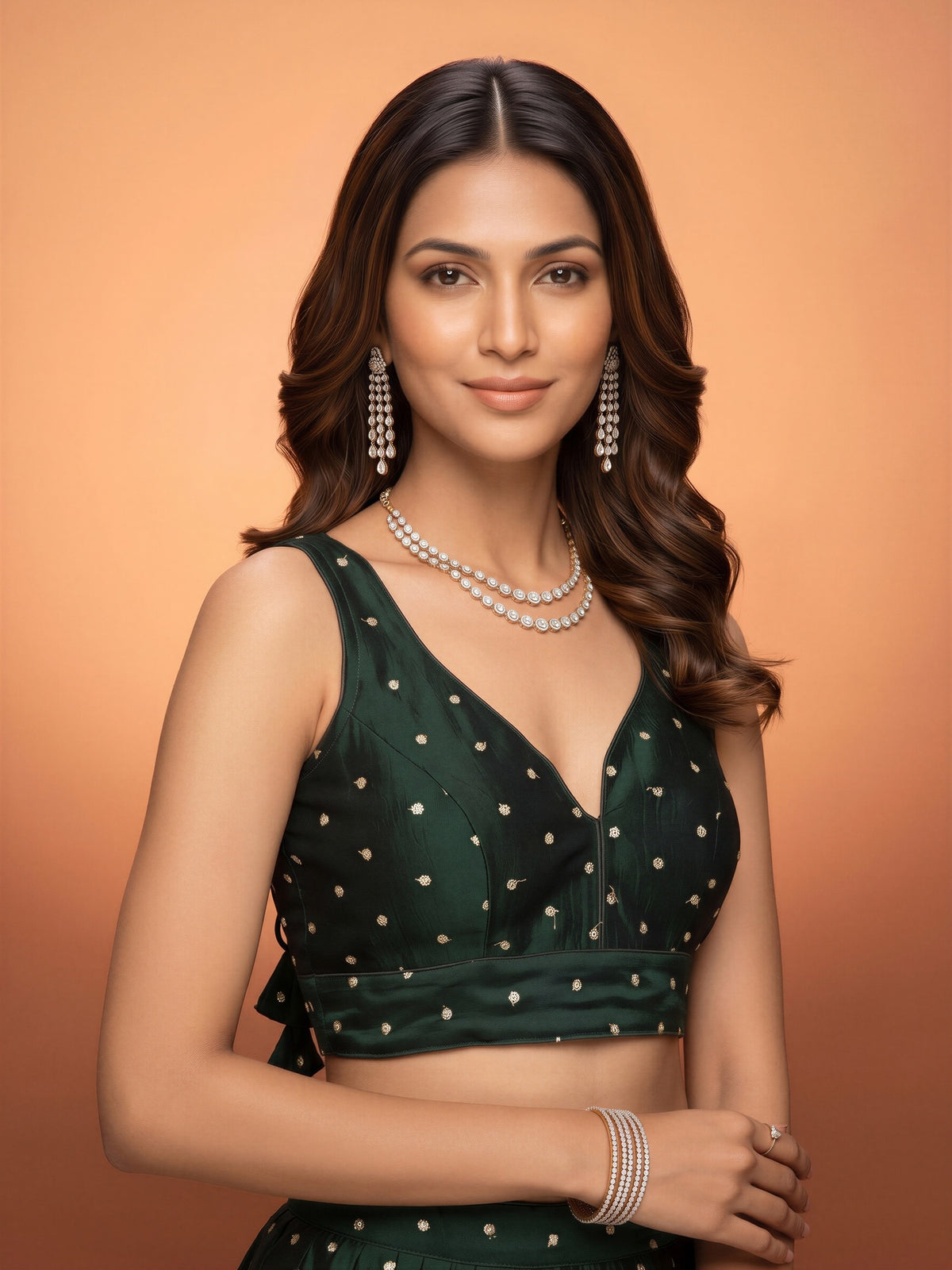 Dark Green sequin embellished silk blend sleeveless readymade saree blouse with v neck view 3