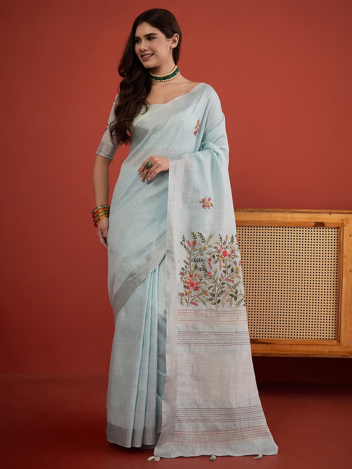 Light Blue embroidered linen blend saree with light blue blouse piece