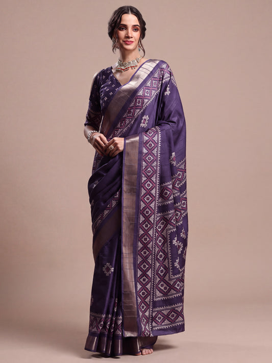 Woman wearing purple silk blend saree with geometric pattern design and purple blouse